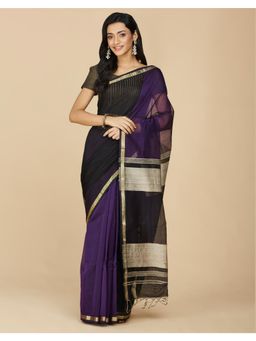 Fabindia - Purple Cotton Silk Maheshwari Saree Without Blouse