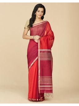 Fabindia - Red Cotton Silk Maheshwari Saree Without Blouse