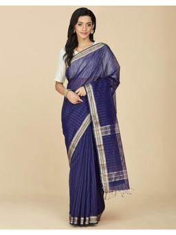 Fabindia - Blue Cotton Silk Maheshwari Saree Without Blouse