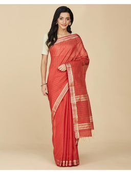 Fabindia - Orange Cotton Silk Maheshwari Saree Without Blouse