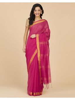 Fabindia - Pink Cotton Silk Hand Woven Saree with Unstitched Blouse