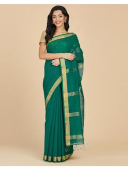 Fabindia - Green Cotton Silk Hand Woven Saree with Unstitched Blouse