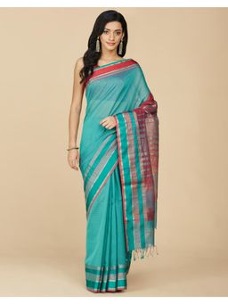 Fabindia - Teal Cotton Silk Maheshwari Saree Without Blouse