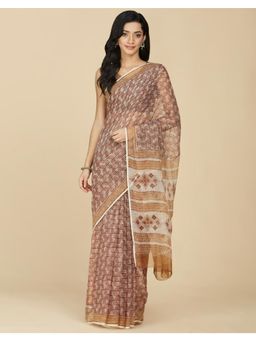 Fabindia - Beige Cotton Silk Hand Block Printed Saree Without Blouse