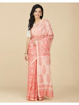 Fabindia - Peach Silk Hand Block Printed Saree Without Blouse