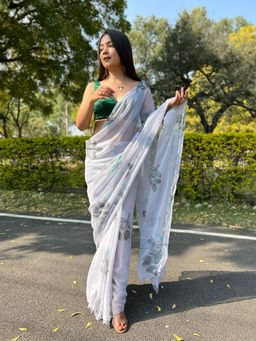Odette - Grey Chiffon Silk Saree with Unstitched Blouse
