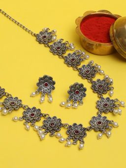 OOMPH - Oxidised Silver Look Alike Maroon Stones & Pearls Floral Choker Necklace Set