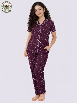 Kuchipoo - Girls Cotton Wine Printed Half Sleeve Pyjama Set (Nsut-180)