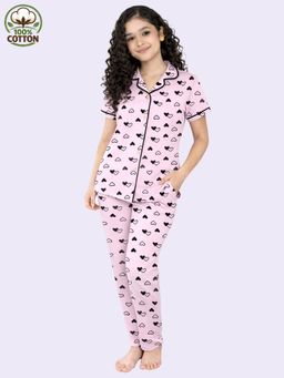 Kuchipoo - Girls Cotton Pink Printed Half Sleeve Pyjama Set (Nsut-180)