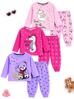 Kuchipoo - Multi-Color Girl Cotton T-Shirts and Pyjamas Set (Psut-222) (Pack Of 3)