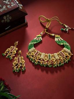 Rebekah - Multi Strand Beaded with Ruby and Emerald Gold Panel Jewellery Set