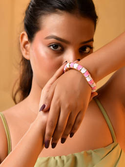 VOJ - Women Enamelled Gold Plated Pink and White Strip Bangle Style Bracelet