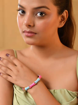 VOJ - Women Brass Gold-Plated Blue and Pink Bangle-Style Bracelet