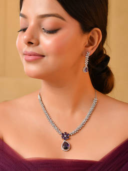 VOJ - Silver Plated Purple Flower with Tear Drop Stone Ad Jewellery Set