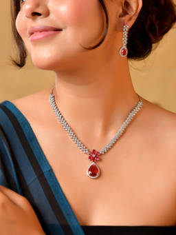 VOJ - Silver Plated Ruby Red Flower with Tear Drop Stone Ad Jewellery Set
