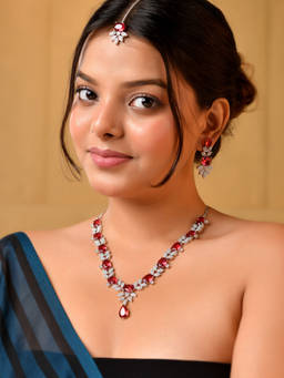 VOJ - Silver Plated Ruby Red Morganite Studded Ad Jewellery Set