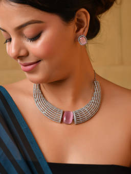 VOJ - Silver Plated Baby Pink Stone Studded Ad Statement Jewellery Set