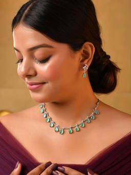 VOJ - Silver Plated Turquoise Drop Shape Stone Studded Ad Jewellery Set
