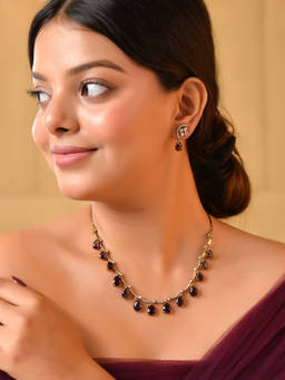 VOJ - Gold Plated Purple Drop Shape Stone Studded Ad Jewellery Set