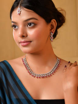 VOJ - Silver Plated Ruby Red Ad Stone Studded Jewellery Set