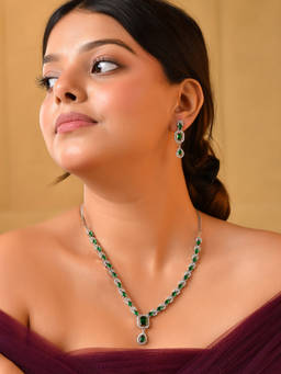VOJ - Silver Plated Green Stone and Ad Stone Studded Jewellery Set