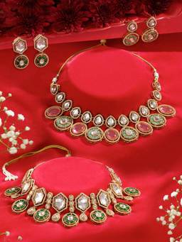 Zaveri Pearls - Green Pink Stones Diamonds Jewellery Set (Pack of 2)