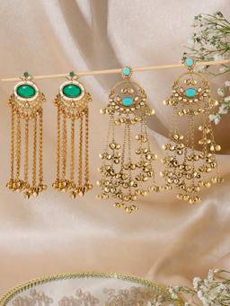 Zaveri Pearls - Green Turquoise Blue Stones Beads Dangle Earrings (Pack of 2)