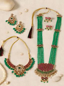 Zaveri Pearls - Pink Green Stones Beads Jewellery Set (Pack of 2)