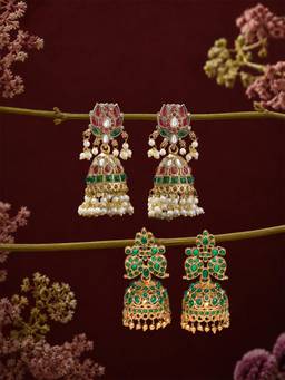 Zaveri Pearls - Pink Green Stones Beads Embellish Jhumka Earrings (Pack of 2)