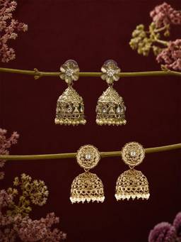 Zaveri Pearls - Antique Gold Tone Stones Beads Jhumka Earrings (Pack of 2)