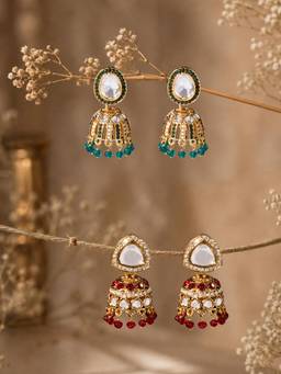 Zaveri Pearls - Multicolor Stones Dangling Beads Jhumka Earrings (Pack of 2)