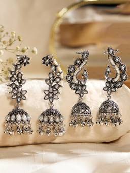 Zaveri Pearls - Silver Beads Oxidised Ear Cuff Jhumka Earrings (Pack of 2)