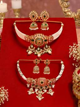 Zaveri Pearls - Green Pink Stones Choker Jewellery Set (Pack of 2)