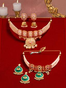 Zaveri Pearls - Green Pink Stones Choker Jewellery Set (Pack of 2)