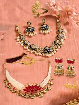 Zaveri Pearls - Multicolor Stones Lotus Jewellery Set (Pack of 2)