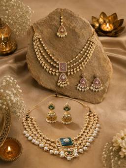 Zaveri Pearls - Pink Green Stones Jewellery Set