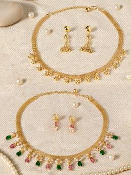 Zaveri Pearls - Pink Green Beads Drop Jewellery Set (Pack of 2)