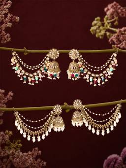 Zaveri Pearls - Multicolor Beads Stones Jhumka with Ear Chain (Pack of 2)