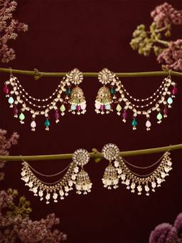 Zaveri Pearls - Multicolor Beads Stones Jhumka with Ear Chain (Pack of 2)