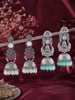 Zaveri Pearls - Pink Turquoise Blue Oxidised Jhumka Earrings (Pack of 2)