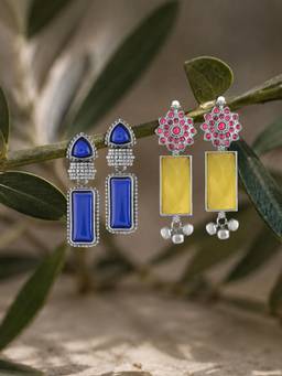 Zaveri Pearls - Multicolor Stones Ghungroo Oxidised Drop Earrings (Pack of 2)