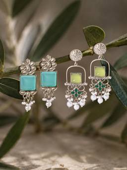 Zaveri Pearls - Multicolor Stones Beads Oxidised Dangle Earrings (Pack of 2)