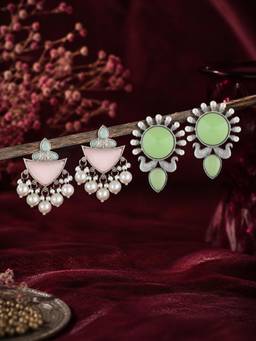 Zaveri Pearls - Multicolor Stones Beads Oxidised Drop Earrings (Pack of 2)