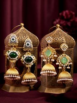 Zaveri Pearls - Multi-Color Stones Dangling Beads Matte Jhumka Earrings (Pack of 2)