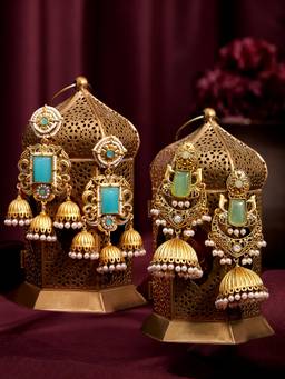 Zaveri Pearls - Multi-Color Blue Stones Beads Matte Jhumka Earrings (Pack of 2)