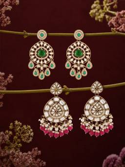 Zaveri Pearls - Green Stones Pink Beads Antique Dangle Earrings (Pack of 2)