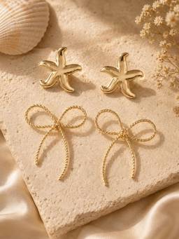 Zaveri Pearls - Gold Tone Star Fish and Bow Design Studs Earrings (Pack of 2)