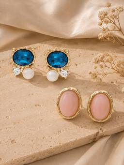 Zaveri Pearls - Pink Blue Stones and Pearl Studs Earrings (Pack of 2)