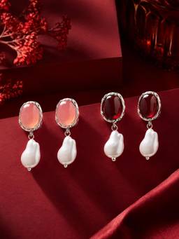 Zaveri Pearls - Pink and Red Stones Baroque Drop Earrings (Pack of 2)