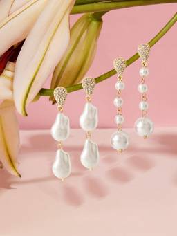 Zaveri Pearls - Gold Tone Diamonds and Pearls Drop Earrings (Pack of 2)